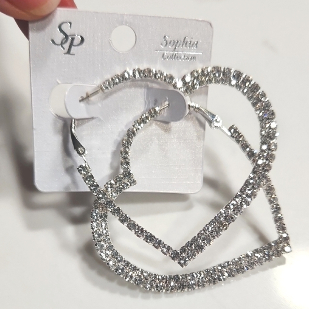 Sparkling Silver Heart Shaped Earrings NWOT